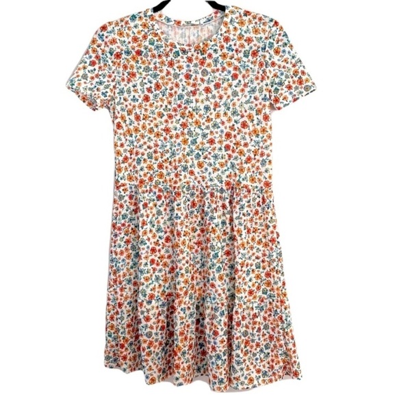Women Orange Floral Short Tiered Dress